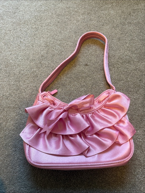 Handbags - Ruffle pink Satin Shoulder purse with a ribbon bow that you have to tie